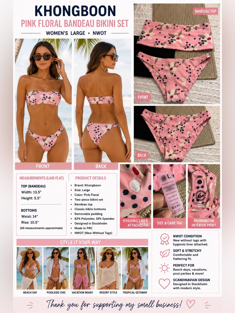 Khongboon Pink Floral Bandeau Bikini Set Women's Large NWOT Scandinavian